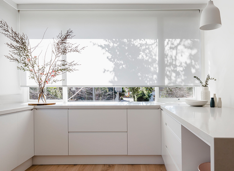 Sleek white kitchen with flowers on the bench and white light filter roller blind.