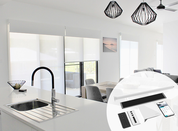 Kitchen and dining rooms with pendant lights and double motorised roller blinds on thesliding doors and windows.